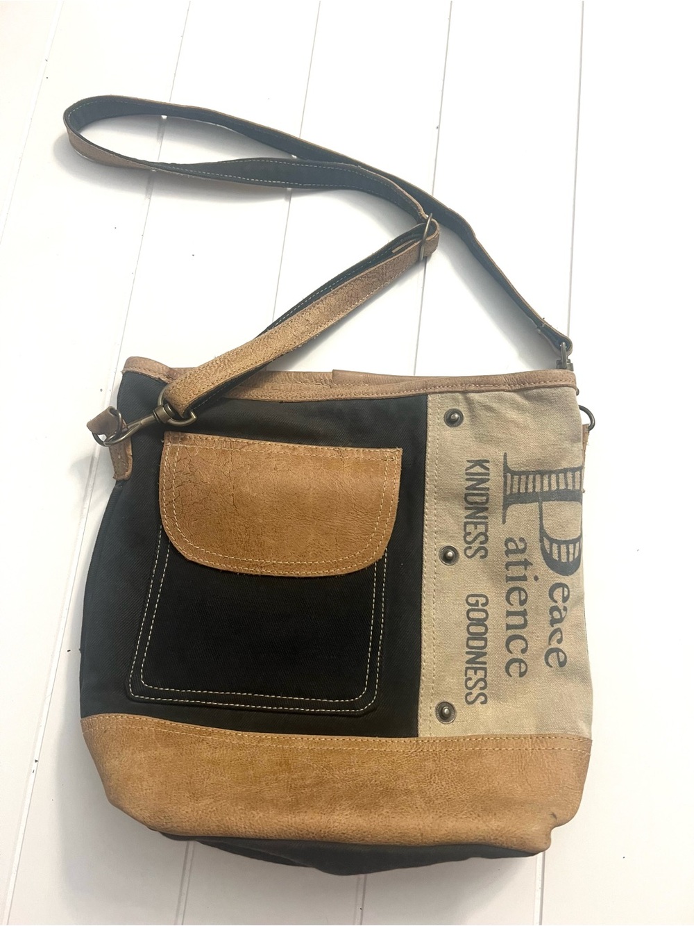 Myra Bag Peace Pocket Upcycled Canvas Leather Crossbody Shoulder Bag Rustic Bojo
